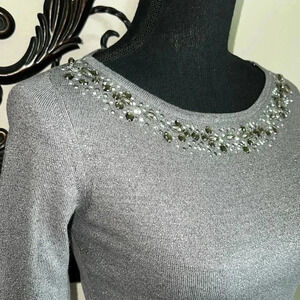 Cache Women’s Gray Spark Silver Sweater Jumper Beaded Rhinestone Accent Collar